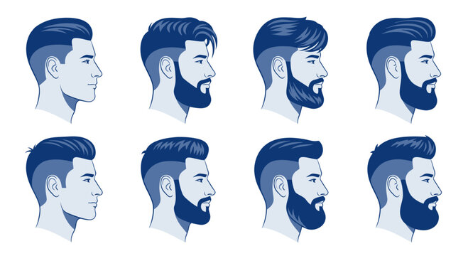 Various Male Beard Styles and Haircuts Collection, Side Profile Illustrations