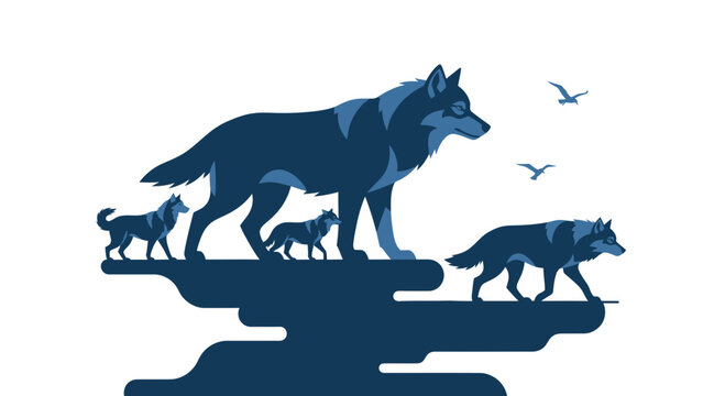 Wolf family walking on cliff edge with birds flying above, graphic illustration