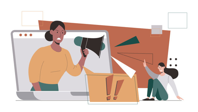 Two women as a figure emerges from a laptop holding a megaphone and shouting in flat style on white background showing online conflict concept. Hand-drawn vector illustration