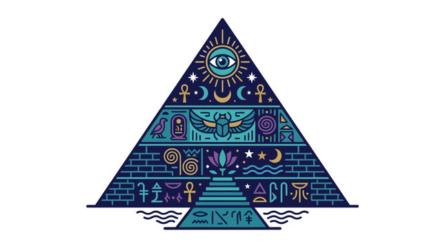 Pyramid structure features ancient symbols and mysterious occult icons.