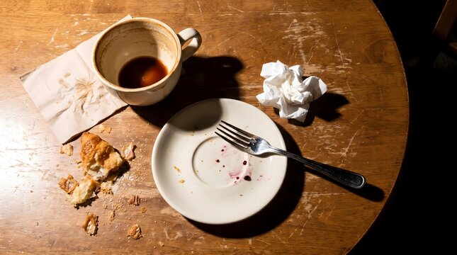 Aftermath of Breakfast at Cafe with Empty Coffee Cup and Plate on Rustic Wooden Table