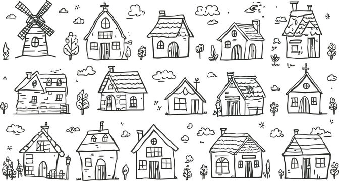 Black and white houses and windmill drawings