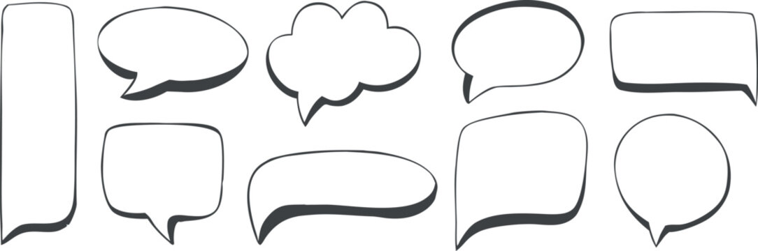 Hand drawn speech bubble set with comic dialogue boxes and sketch style chat elements for creative communication themes. Modern doodle conversation frames perfect for messaging apps social media brand