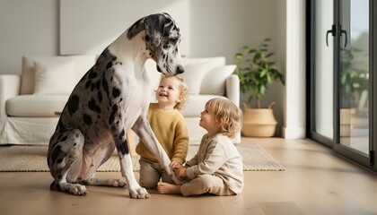 Naklejka na ściany i meble Gentle great dane with children sitting together in a sunlit home, representing a friendship and bonding concept for animals and pets in a modern family lifestyle setting