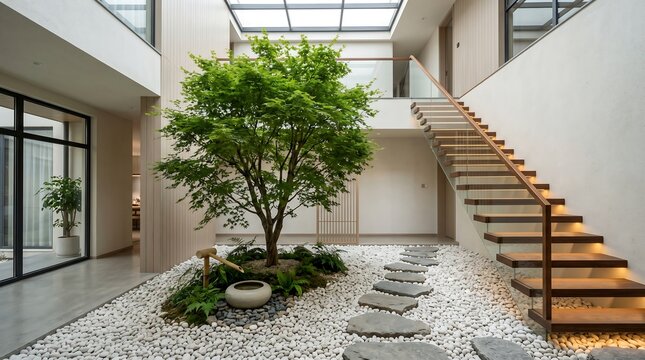 Modern minimalist interior courtyard with Zen garden and staircase