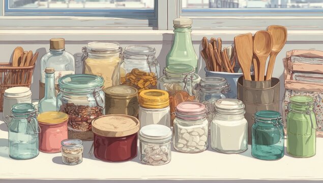 Wine bottles in shop and kitchen display with glass containers, vintage colorful liquid bottles and antique pharmacy style jars
