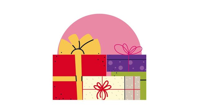 Animation of colorful gift boxes appearing against pink circle background for holiday celebrations.