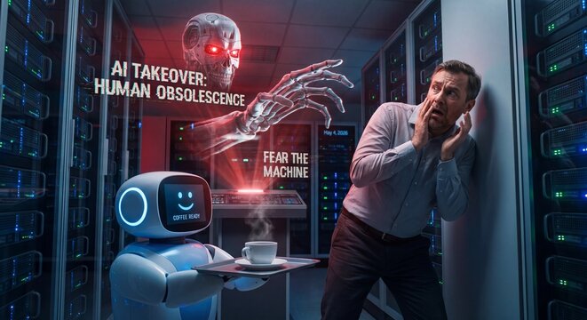 Man startled in server room by sudden ominous AI hologram and delivery robot