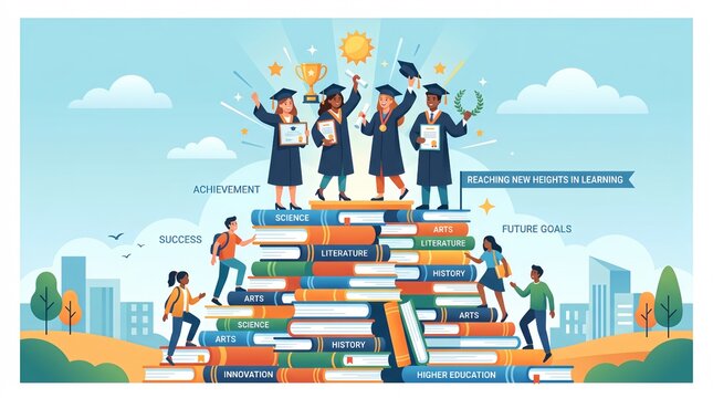 Flat vector illustration of students and graduates climbing stacked books toward academic achievement and future goals.