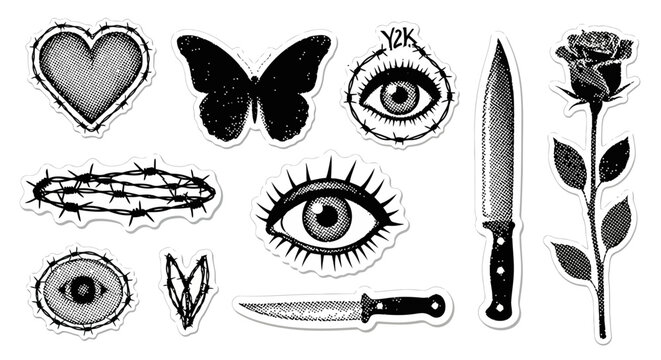 Y2K Goth Sticker Set with Retro Cyberpunk Symbols and Emo Aesthetic Elements