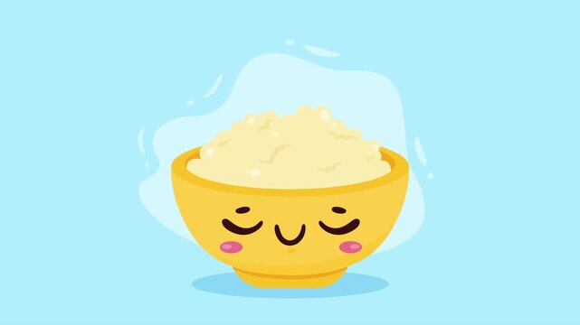 Animated cartoon footage with cute bowl of rice in a gentle bobbing motion on a light blue background, creating a charming and dynamic clip.