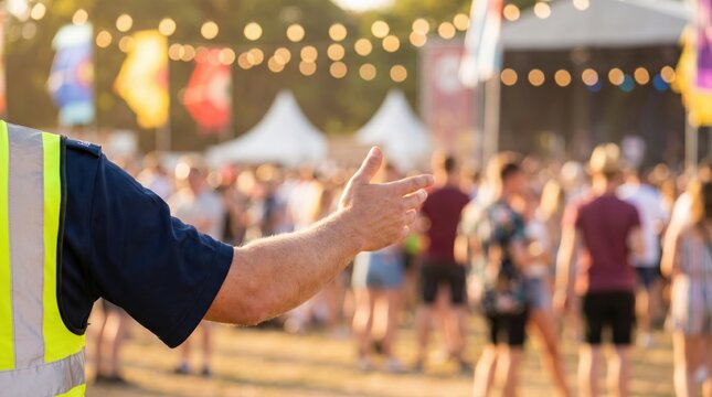 Security guard in high visibility vest directing crowd at outdoor music festival event with blurred audience in background