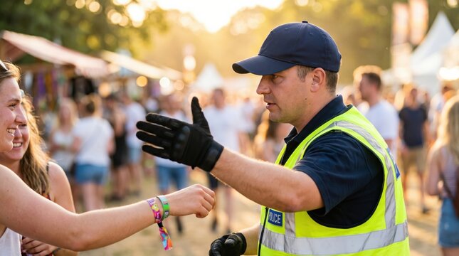 Caucasian male police officer in high visibility vest directing young woman at outdoor summer music festival event