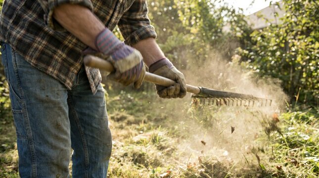 Senior man raking dry autumn leaves in backyard garden, active elderly male gardener cleaning lawn during fall season, yard maintenance concept