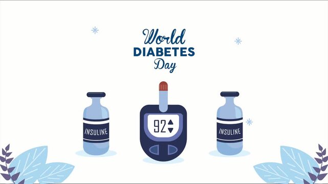 World diabetes day motion graphics with glucometer and insulin vials on clean white background.