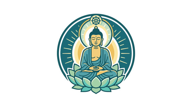 Buddha meditating on lotus flower, dharma wheel symbol, enlightenment concept