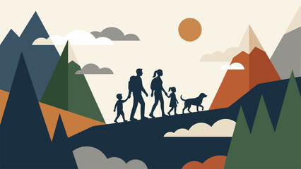 Silhouette of parents and children trekking in a beautiful mountain landscape at sunset. Perfect for travel, outdoor adventure, and active lifestyle themes. © yossi