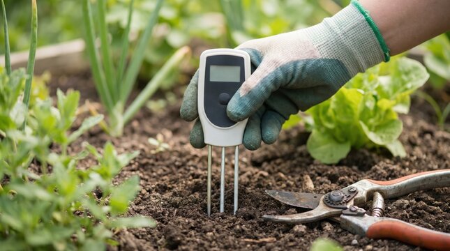 Gardener using a digital soil moisture meter to test pH and hydration levels in a vegetable garden bed with pruning shears nearby