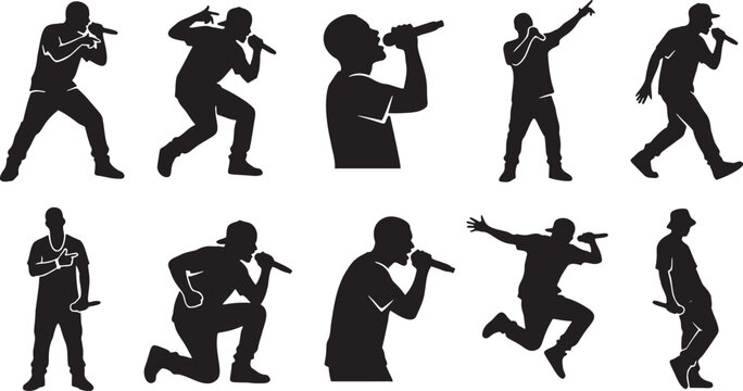 Rapper Performance Silhouettes: Hip Hop Artist Mic-Hold Urban Poses Set.