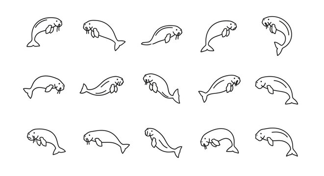 Stylized illustration of manatees in various poses for design and decor