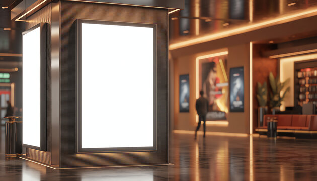 blank showcase billboard or advertising light box for your text message or media content with blurred image of ticket sales counter at movie theater, advertisement, marketing, entertainment concept