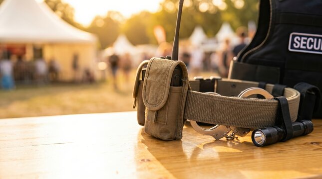 Security guard equipment belt with radio handcuffs and flashlight on table at outdoor festival event