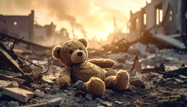 Abandoned teddy bear sits in war-torn ruins