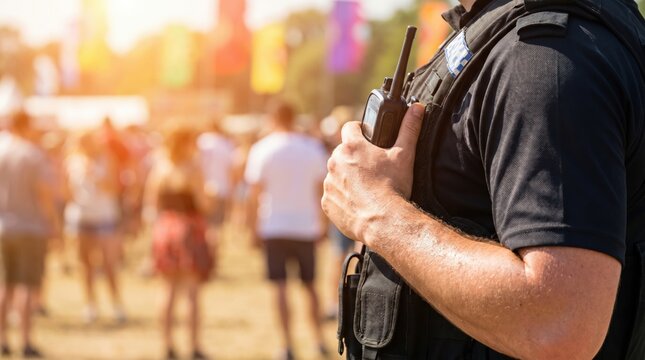 Male security guard holding walkie talkie at outdoor music festival event with blurred crowd in background during sunny day