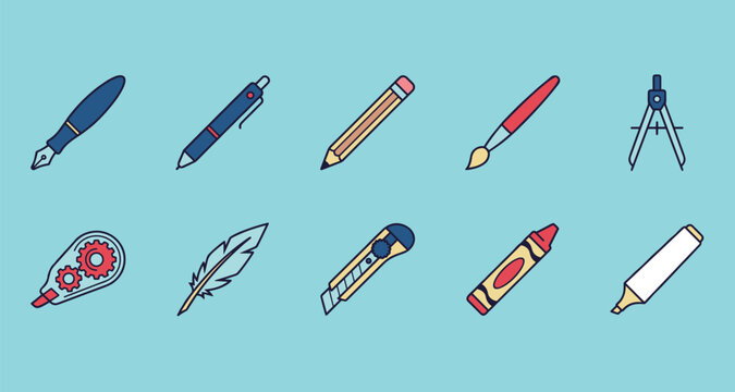 Creative Writing and Art Supplies Icons Set with Fountain Pen, Pencil, Paint Brush, Compass, Highlighter, Crayon and Correction Tape Symbols