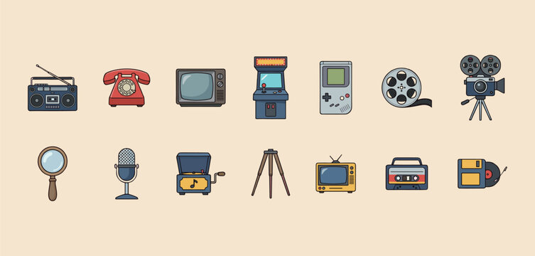 Vintage Media and Retro Electronic Icons Set Isolated on Beige Background, Radio, Telephone, Television, Arcade Game, Record Player and Film Projector