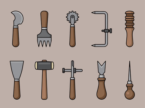 Leather Crafting Tools Set, Handheld Tools, Skiving Knife, Leather Punch, Mallet, Awl, Edge Creaser, Burnisher, Leatherworking Vector Icons