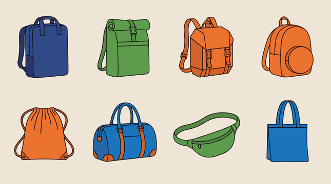 Bags and Backpacks Collection, Fashion Icons, Rucksack, Duffel Bag, Tote Bag, Waist Bag, Drawstring Bag, Laptop Bag, Messenger Bag Vector Set