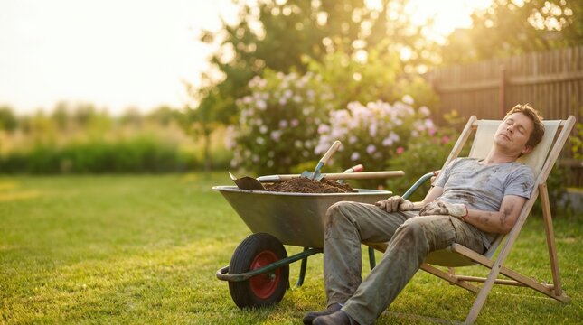 Exhausted young Caucasian man sleeping in a deck chair after gardening work with a wheelbarrow in a sunny backyard garden