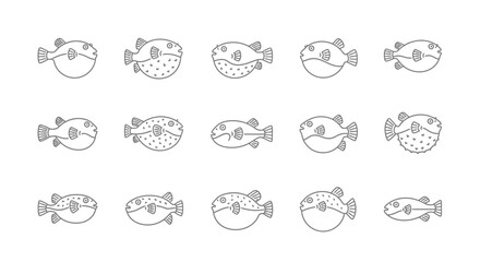 Outlined pufferfish collection diverse vector illustrations on white background © Kali
