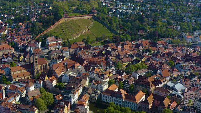 Aerial view of the old town in the city of Esslingen in Germany.  On sunny spring morning.