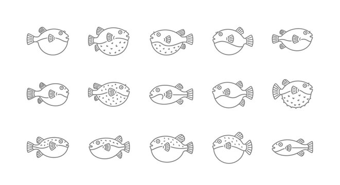 Outlined pufferfish collection diverse vector illustrations on white background
