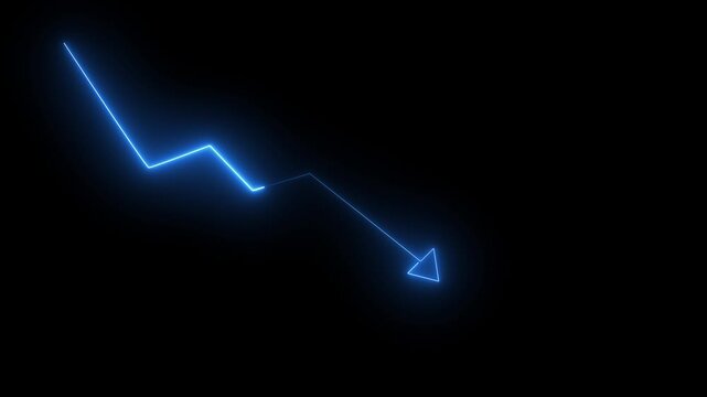 Glowing red neon downward graph with arrow indicating decline, loss, and negative trends on a dark, abstract background, perfect for conveying risk, crisis .business line animation. Abstract .4k