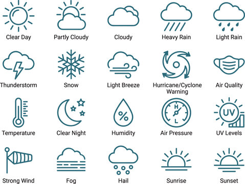 Weather Forecast Meteorology Icons, Sun, Cloud, Rain, Snow, Thunderstorm, Temperature, Wind, Hurricane, Sunrise, Sunset and Climate Conditions Vector Symbols