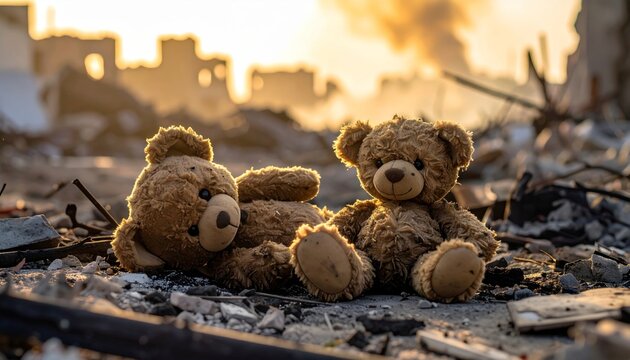 Abandoned Teddy Bears Amidst Rubble