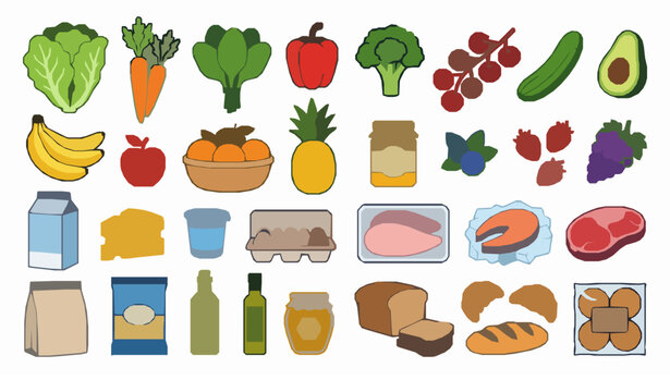 Grocery food products vector set vegetables milk meat bread cheese