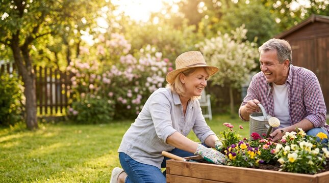 Happy senior couple gardening together in backyard planting flowers in wooden raised bed during sunny spring day