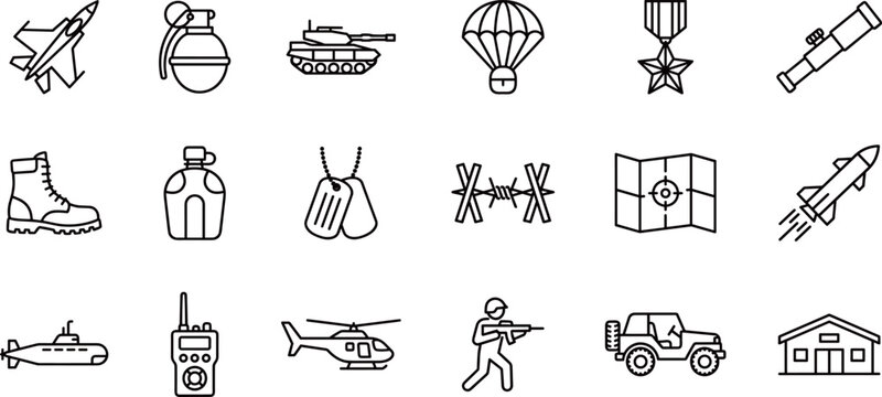 Military and Army War Equipment Line Icons Set Featuring Fighter Jet, Tank, Grenade, Missile, Soldier, Submarine and Weaponry Vector Symbols