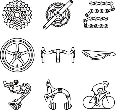 Bicycle Parts and Cycling Equipment Line Icons Set Featuring Wheel, Chain, Gears, Handlebars, Saddle, Brake and Cyclist Silhouette Vector