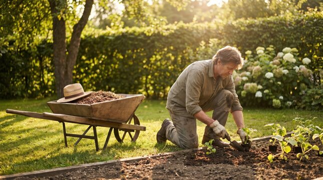 Mature Caucasian man gardening in backyard vegetable patch planting seedlings with trowel at sunset with wheelbarrow