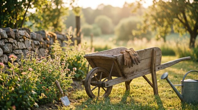 Rustic wooden wheelbarrow with gardening gloves and tools in a sunny cottage garden with stone wall background for spring landscaping