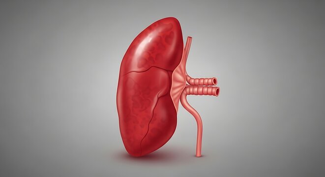 Human kidney with ureter and blood vessels.