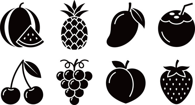 Tropical Fruit Silhouette Icons Set Isolated on White, Watermelon, Pineapple, Mango, Coconut, Cherry, Grape, Peach and Strawberry Healthy Food Symbols
