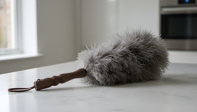 Ostrich feather duster lying on a marble kitchen countertop, representing a natural household cleaning concept highlighting animal-derived sustainable tools for domestic hygiene