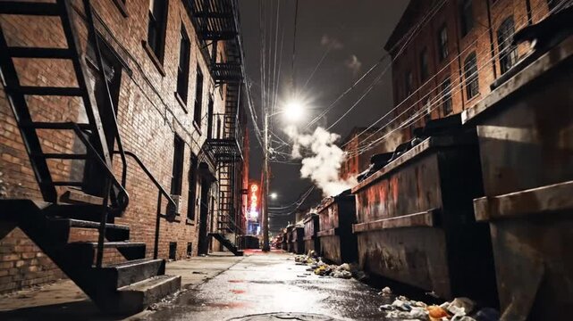 Dark urban alleyway at night featuring industrial brick buildings metal fire escapes and large dumpsters under street light illumination