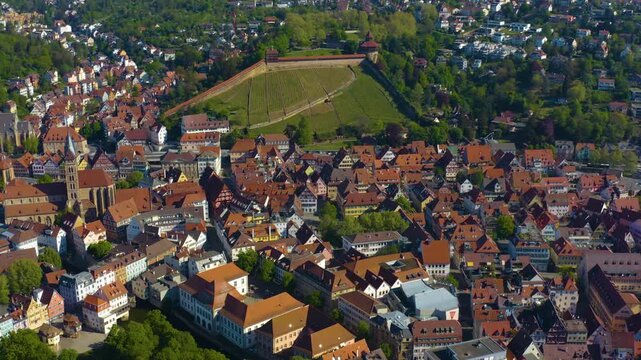 Aerial view of the old town in the city of Esslingen in Germany.  On sunny spring morning.